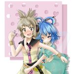  bare_shoulders blue_eyes blue_hair blush bracelet brown_eyes brown_hair earmuffs fang flower grin hair_ornament hair_rings hair_stick hug hug_from_behind jewelry kaku_seiga multiple_girls one_eye_closed smile surprised touhou toyosatomimi_no_miko vest yarareimu yuri 