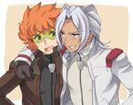  arm_around_neck black_gloves blue_eyes gloves grin gundam gundam_age inaho jacket largan_drace male_focus multiple_boys open_clothes open_jacket open_mouth orange_hair smile sunglasses tan white_hair woolf_enneacle 