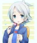  androgynous blue_eyes blush candy eyebrows face food fubuki_shirou grey_hair inazuma_eleven_(series) inazuma_eleven_go inazuma_japan jacket lollipop looking_at_viewer male_focus open_clothes open_jacket open_mouth solo striped striped_background track_jacket yuuki_arisu_(yuigi) 