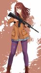  assault_rifle boots brown_eyes brown_hair coat gun highres legs m4_carbine original pantyhose pinkwaters pleated_skirt purple_legwear rifle skirt solo weapon 