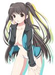  bad_id bad_pixiv_id black_hair breasts cleavage eyebrows_visible_through_hair hand_on_thigh hattori_masaki jacket long_hair medium_breasts navel no_bra open_clothes open_jacket original panties solo track_jacket two_side_up underwear 