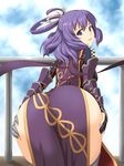  ao_no_kiseki armor ass ass_focus ass_grab dress eiyuu_densetsu from_behind grabbing_own_ass hair_ribbon half_updo hand_on_ass highres hou_(hachiyou) long_hair looking_at_viewer looking_back purple_eyes purple_hair ribbon rixia_mao side_slit skindentation smile solo tabard thighhighs 