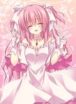  blush breasts choker cleavage closed_eyes double_v dress gloves hair_ribbon kaname_madoka long_hair magical_girl mahou_shoujo_madoka_magica matsumiya_kiseri open_mouth pink_hair ribbon small_breasts smile solo spoilers translated two_side_up ultimate_madoka v 