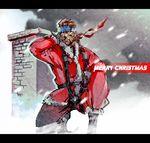  adapted_costume arm_up boots brown_hair chimney christmas coat commentary_request english gloves hand_on_own_face headband ikuyoan letterboxed male_focus merry_christmas metal_gear_(series) metal_gear_solid official_style one_knee pants santa_costume snowing solid_snake solo 