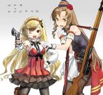  2girls arm_warmers bangs belt beretta_m9 black_legwear blonde_hair blush bow breasts brown_hair character_name commentary_request dress drill_locks fang fn-49 fn-49_(girls_frontline) frilled_dress frills girls_frontline gloves green_eyes gun hair_ornament hairband hat kesomaru layered_skirt long_hair looking_at_viewer m9_(girls_frontline) multiple_girls open_mouth pantyhose red_dress red_eyes ribbon rifle simple_background skirt small_breasts smile weapon white_gloves white_skirt 