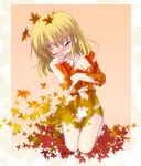  aki_shizuha autumn_leaves blonde_hair blush breasts cleavage closed_eyes crying dissolving dress hair_ornament izumi_yukiru leaf leaf_hair_ornament leaf_on_head medium_breasts open_mouth panties seiza short_hair sitting solo tears touhou underwear white_panties 