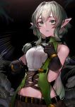  1girl absurdres bare_shoulders black_background black_bow black_gloves bow commentary_request elf gloves goblin_slayer! green_eyes green_hair green_shirt hair_between_eyes hair_bow high_elf_archer_(goblin_slayer!) highres leaf long_hair looking_at_viewer midriff neonbeat parted_lips pointy_ears shirt sidelocks sleeveless sleeveless_shirt solo 