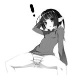  1girl arm_support cameltoe elf fang flat_chest greyscale leaning_back long_hair looking_at_viewer monochrome nekomu no_pants open_mouth original panties pointy_ears simple_background sitting sketch solo spread_legs striped striped_panties underwear 