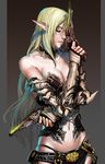  armor bare_shoulders blonde_hair breasts choker cleavage closed_eyes dual_wielding elf fingerless_gloves gloves gun handgun holding ionen long_hair medium_breasts navel original panties pistol pointy_ears revolver solo thong underwear weapon 