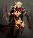  armor blank_eyes blood_elf breasts cape cleavage elf gauntlets ionen medium_breasts navel pauldrons pointy_ears solo sword thighhighs warcraft weapon white_hair 
