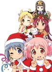  :3 akemi_homura animal_ears animal_print bell bell_collar bikini_top black_hair blonde_hair blue_eyes blue_hair blush bow breasts capelet christmas cleavage collar commentary_request cow_bell cow_ears cow_print creature double_v drill_hair everyone finger_to_mouth frown hair_ribbon hat horns in_container kaname_madoka kyubey long_hair looking_at_viewer mahou_shoujo_madoka_magica medium_breasts miki_sayaka multiple_girls one_eye_closed party_popper pink_eyes pink_hair red_eyes red_hair reindeer ribbon sakura_kyouko santa_costume santa_hat short_hair simple_background small_breasts star tomoe_mami twin_drills twintails v white_background yuuki_akira 