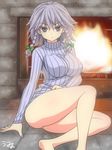  bare_legs barefoot blush bottomless bow braid breasts fire fireplace hair_bow izayoi_sakuya large_breasts looking_at_viewer naked_sweater no_pants ribbed_sweater short_hair silver_hair sitting solo sweater touhou twin_braids umyonge_(lkakeu) 