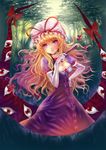  blonde_hair bow breasts cleavage dress duplicate elbow_gloves eyes fan fatherland2009 forest gloves hair_bow hat long_hair medium_breasts nature pink_eyes smile solo touhou yakumo_yukari 