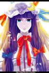  alternate_eye_color bad_id bad_pixiv_id blue_eyes bow brooch bubble crescent dated hair_bow hat ichi_boku jewelry letterboxed looking_at_viewer patchouli_knowledge purple_hair signature solo touhou 