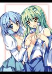  :p bare_shoulders between_breasts blue_eyes blue_hair blush breasts collarbone detached_sleeves frog_hair_ornament green_hair hair_ornament hair_tubes hand_between_breasts hand_on_another's_chest heterochromia kochiya_sanae letterboxed long_hair long_sleeves medium_breasts multiple_girls open_clothes open_mouth open_shirt red_eyes ryokushiki_(midori-ya) shirt short_hair smile tatara_kogasa tongue tongue_out touhou yellow_eyes 