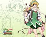  2009 :d atelier_(series) atelier_lina backpack bag bangs black_legwear blonde_hair bracelet chain copyright_name earrings gem gradient gradient_background green_background green_skirt hairband heart jewelry kneehighs lina_alterier lineart logo long_hair looking_at_viewer miniskirt official_art open_mouth partially_colored pendant pointing purple_eyes ring scarf skirt smile solo standing strap wallpaper watanuki_nao zoom_layer 