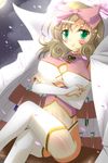  bad_id bad_pixiv_id bad_proportions blonde_hair blush boots bow breasts bridal_gauntlets cape cleavage cleavage_cutout crossed_arms crossed_legs dress green_eyes hair_bow haruka_(senran_kagura) highres impossible_clothes impossible_dress large_breasts mayuzumi_makiha midriff moon petals senran_kagura senran_kagura_shoujo-tachi_no_shin'ei sitting smile solo test_tube thigh_boots thighhighs 