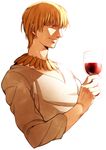  alcohol bad_id bad_pixiv_id blonde_hair bracelet casual cup drinking_glass earrings fate/zero fate_(series) gilgamesh jewelry male_focus necklace red_eyes solo wine wine_glass zihad 
