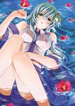  bare_legs bare_shoulders blush breasts detached_sleeves flower green_eyes green_hair hair_ornament iwanori kochiya_sanae large_breasts legs long_hair lying on_back petals skirt snake solo submerged touhou water wet wet_clothes 