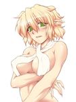  bad_id bad_pixiv_id blonde_hair blush breasts criss-cross_halter fingernails green_eyes halter_top halterneck large_breasts long_fingernails mizuhashi_parsee no_pupils nose_blush nude ootsuki_wataru open_mouth pointy_ears scarf sharp_fingernails short_hair simple_background solo touhou upper_body white_background 