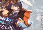  alvin_(tales) bad_id bad_pixiv_id black_hair brown_eyes brown_hair character_name coat copyright_name flower gun hourglass isago_(ica) jude_mathis male_focus multiple_boys tales_of_(series) tales_of_xillia upside-down weapon zoom_layer 