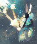  animal_ears bad_id bad_pixiv_id belt black_hair blue_eyes bow bunny_ears bunny_tail floating hair_bow kashiwaba_hisano large_bow light_rays long_hair object_hug original profile short_sleeves sky solo star star_(sky) starry_sky stuffed_animal stuffed_toy tail teddy_bear very_long_hair 