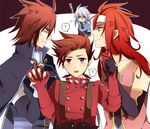  4boys ? age_difference angry blue_eyes blush brown_eyes brown_hair father_and_son fingerless_gloves genis_sage genius_sage glare glaring gloves group_sex hand_holding kratos_aurion lloyd_irving long_hair male male_focus multiple_boys red_eyes red_hair sex short_hair sigh silver_hair suspenders tales_of_(series) tales_of_symphonia threesome vein veins yaoi zelos_wilder 