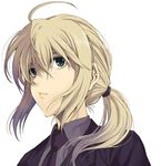  ahoge artoria_pendragon_(all) bangs blonde_hair closed_mouth face fate/zero fate_(series) formal green_eyes hair_between_eyes lips long_hair necktie ponytail saber simple_background solo suit tomozo_kaoru white_background 