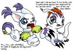  blue_eyes claws darkuangel dialog dialogue digimon fangs female fur gatomon gloves gomamon green_eyes half-closed_eyes male markings open_mouth plain_background pointing sitting smug tail tail_ring text white white_background white_fur 