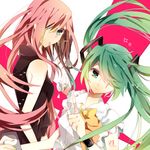  bad_id bad_pixiv_id drink drinking_straw green_eyes green_hair hair_over_one_eye hatsune_miku long_hair looking_back megurine_luka mouth_hold multiple_girls omutatsu pointing red_hair twintails very_long_hair vocaloid 