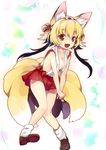  animal_ears bad_id bad_pixiv_id bare_legs bell bow breasts brown_eyes collarbone fox_ears fox_tail hair_ornament hakiata leaning_forward medium_breasts multiple_tails no_bra open_mouth original shirt short_hair skirt sleeveless sleeveless_shirt solo tail v_arms 