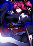  alternate_color arm_up breasts choker hair_bobbles hair_ornament large_breasts long_sleeves onozuka_komachi pink_hair red_eyes scythe short_hair smile solo touhou tro two_side_up 