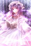  bad_id bad_pixiv_id blush book capelet crescent dress floating_book glowing hair_ribbon hat kotonoman lights long_hair magic patchouli_knowledge pink_dress purple_eyes purple_hair ribbon solo star striped striped_dress touhou 