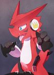  blue_eyes claws cum digimon dragon gay headphones male penis red red_body scalie shoutmon tongue 