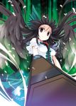  arm_cannon black_wings bow brown_hair cape forehead foreshortening fujy hair_bow large_wings red_eyes reiuji_utsuho shirt skirt solo third_eye touhou weapon wind wings 