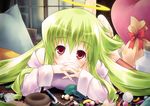  angelia_avallone arcana_heart artist_request blonde_hair candy food halo long_hair pillow solo 