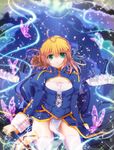  ahoge artoria_pendragon_(all) blonde_hair bug butterfly excalibur fate/stay_night fate_(series) fundoshi green_eyes hizukiryou insect japanese_clothes saber skirt solo sword thighhighs weapon white_legwear 