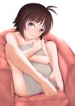  ahoge barefoot blue_eyes brown_hair chair easy_chair highres hug idolmaster idolmaster_(classic) kikuchi_makoto knees_up legs nude pillow rumil short_hair sitting smile solo 