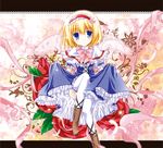 alice_margatroid bad_id bad_pixiv_id blonde_hair blue_eyes boots capelet dress dress_lift flower hairband letterboxed ribbon rose solo thighhighs touhou white-brown white_legwear wings 