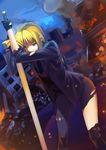  artoria_pendragon_(all) blonde_hair excalibur fate/zero fate_(series) formal saber solo suit sword torn_clothes weapon yangsion 