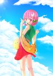  adapted_costume ass bob_cut cloud day flower food from_behind hair_flower hair_ornament hazuki_kyou hieda_no_akyuu highres japanese_clothes looking_back no_panties pink_eyes pink_hair pinky_out popsicle short_hair sky solo touhou 