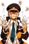  ? arms_up blush d: embarrassed gloves grey_hair hat heart jacket long_sleeves male_focus necktie nobori_(pokemon) open_clothes open_jacket open_mouth peaked_cap pokemon pokemon_(game) pokemon_bw puddingpudding shirt sideburns simple_background solo sweat white_background white_gloves white_shirt 