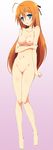  1girl :o ahoge bare_shoulders barefoot blue_eyes blush breasts collarbone feet female full_body gradient gradient_background hair_ribbon highres konoe_subaru legs long_hair long_image looking_at_viewer mayo_chiki! mound_of_venus navel nipples nude nude_filter orange_hair photoshop pussy ribbon shiny shiny_skin solo standing tall_image thighs uncensored vector_trace 