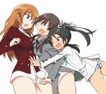  aiueo black_hair blue_eyes brown_eyes brown_hair charlotte_e_yeager francesca_lucchini gertrud_barkhorn green_eyes hair_ribbon long_hair military military_uniform multiple_girls orange_hair panties ribbon simple_background strike_witches striped striped_panties twintails underwear uniform white_background world_witches_series 