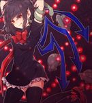  :q arms_up asymmetrical_wings black_hair black_legwear danmaku dress hand_behind_head high_heels houjuu_nue kiwamete_bureibuna_mato lace legs_back outstretched_arms red_eyes ribbon shoes short_hair snake solo thighhighs tongue tongue_out touhou ufo wings zettai_ryouiki 