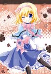  ;d alice_margatroid bad_id bad_pixiv_id black_legwear blonde_hair blue_eyes capelet dress hair_ribbon hairband one_eye_closed open_mouth ribbon sash smile solo thighhighs touhou white-brown 