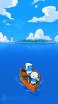  :&gt; blue_sky boat cloud erica_june_lahaie highres house lens_flare lighthouse minit_(game) mountain reflection signature sky sun sword tree watercraft watermark weapon web_address 