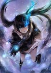  bad_deviantart_id bad_id black_hair black_rock_shooter black_rock_shooter_(character) blue_eyes boots burning_eye coat fur_trim glowing long_hair outstretched_arm shorts solo twintails yukihomu 