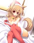  :&lt; absurdres animal_ears bell bell_collar bikini_top blush breasts brown_hair christmas cleavage collar dog_ears dog_tail elbow_gloves gloves hat highres lying medium_breasts on_side original rankiryuu red_eyes red_gloves red_legwear santa_costume santa_hat short_hair solo tail thighhighs 