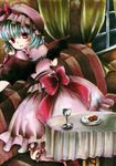  acha-1105 back bad_proportions bat_wings blue_hair bow couch cup curtains dish dress drinking_glass food frills hat kneehighs kneeling looking_at_viewer looking_back open_mouth red_eyes remilia_scarlet ribbon short_hair skirt solo table tablecloth touhou traditional_media watercolor_(medium) window wine_glass wings wrist_cuffs 